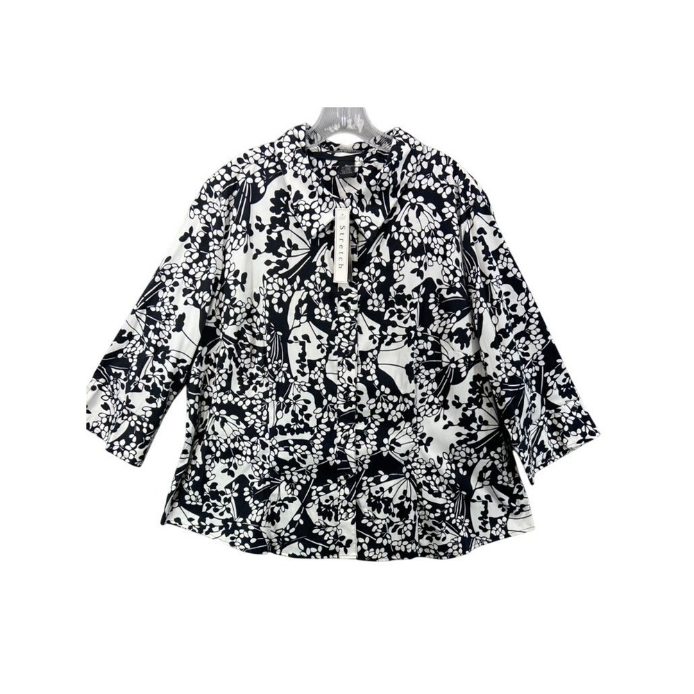 NWT Scott Taylor Shirt Womens Sz 3X White Black Floral Cotton Button Up Stretch
